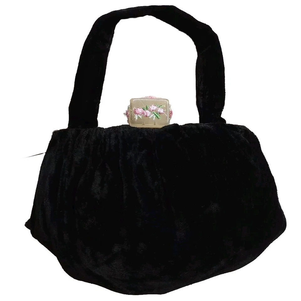 Antique Purse Lucite Clasp 1920’s Art Deco Black Crushed Velvet Flower Granny's - Image 2 of 4
