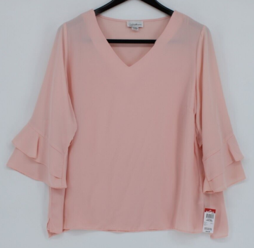 Jaclyn Smith Top Women's Size XXL Pink 3/4 Sleeves V Neck Ruffled Sleeves