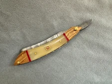 Folding Straight Damascus Steel Razor with Camel (Camelus) Bone/Wood Handle