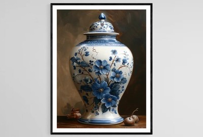 Detailed Dutch Delftware Painting, Traditional Blue and White Pottery Art Print