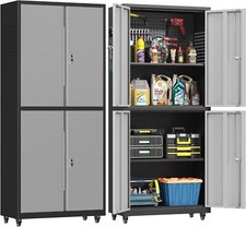 71" Rolling Metal Cabinet Garage Tool Storage Cabinets w/pegboard Wheels 4 Doors