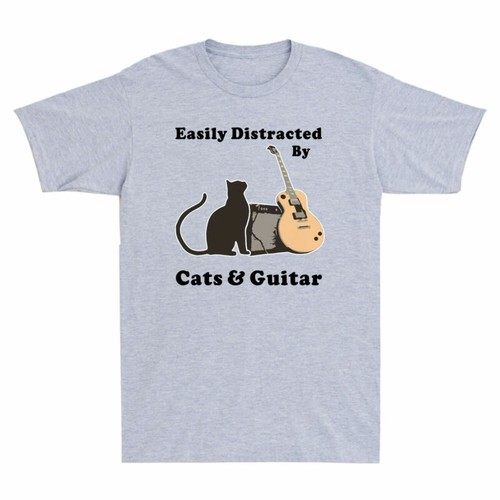 By Shirt Men's Novelty T Funny Tee Cats and Black Distracted Easily Guitar Cat - Picture 5 of 7