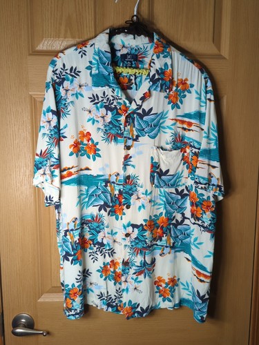George Men's XL (46-48) Hawaiian Shirt Floral & Parots Pattern Teal, Orange &... - Picture 9 of 9