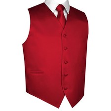 Men's Scarlet Satin Formal Tuxedo Vest Tie Hankie Set Wedding Prom Homecoming