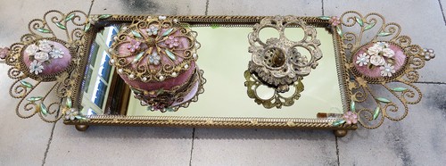 Vintage Rhinestone Dresser Tray Perfume Hollywood Regency Vanity Mirror Set 18"