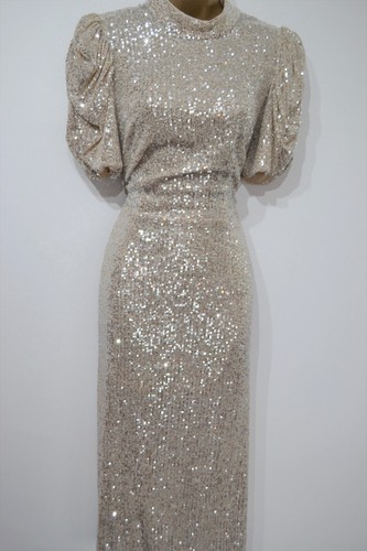 H&M 12 fit 14 Champagne Beige Sequin Puff Sleeve Midi Dress New with Tags - Picture 8 of 16