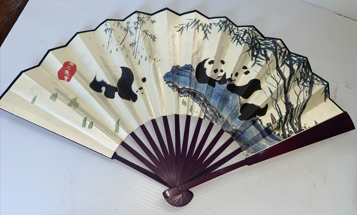 Vintage Bamboo Panda Folding Hand Fan Hand Painted With Box | eBay