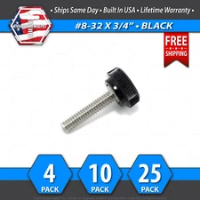 #8-32 x 3/4" Thumb Screw Stainless Steel - Black Round Knurled Knob - USA