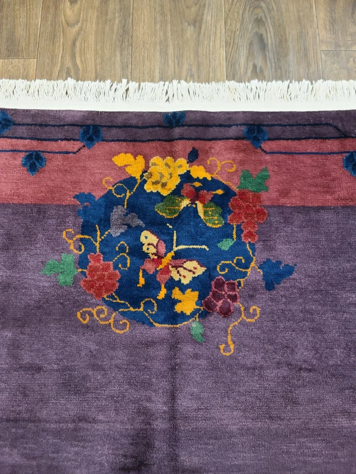 Antique handwoven art deco Chinese rug size 9x11'4" cir 1920s purple colors - Image 3 of 4