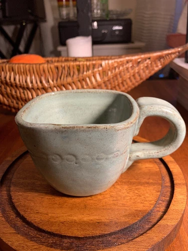 Hand Thrown Sea Foam Green Glazed Pottery Coffee Mug 3 in Tall~Signed by Artist