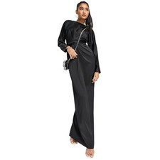 ASOS DESIGN Black Satin Long Sleeve Wrap Waist Maxi Dress US 4 Modest Formal