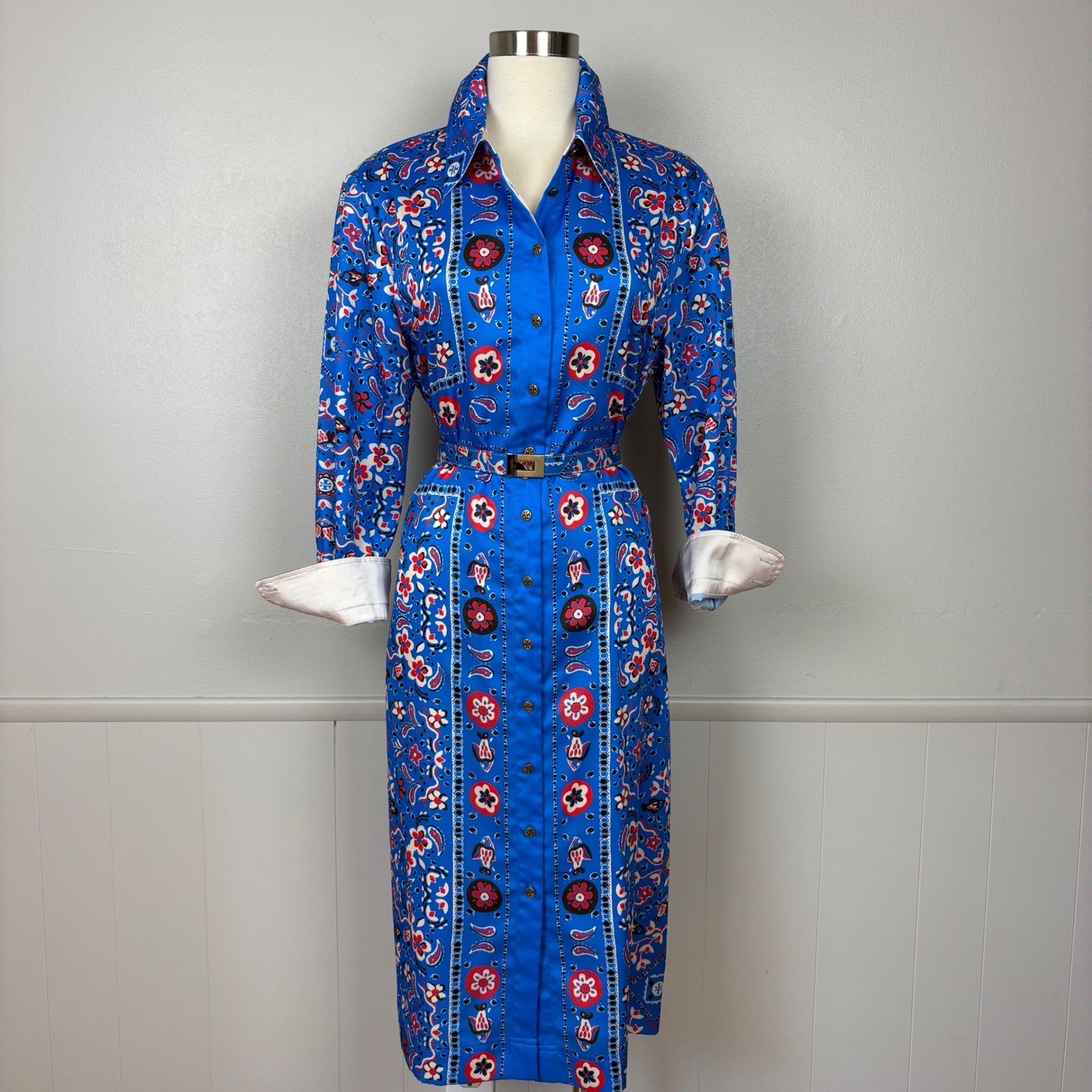 Midi Belted Shirt Dress Size L Blue Handkerchief Paisley Fish Floral Print Red