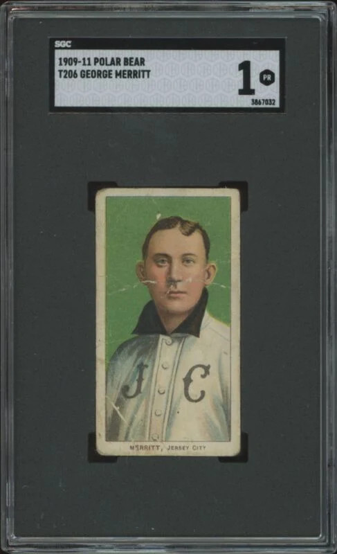 1909 T206 GEORGE MERRITT NNO POOR POLAR BEAR SGC 1 BASEBALL JERSEY CITY SKEETERS