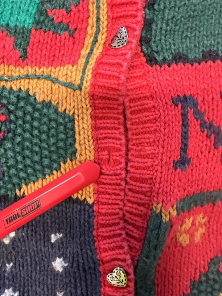 Vintage Christmas Sweater Woman's M Red Textured Cardigan *MISSING BUTTON* - Image 2 of 4