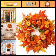 24" Autumn Harvest Wreath for Front Door, Fall Decor with Pumpkins  Leaves