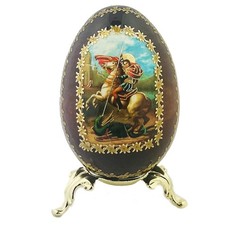 St Saint George Wood Icon Egg on Gold Metal Stand Handmade Russian Gold Foil