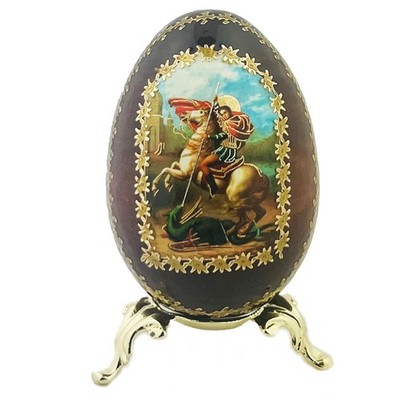 St Saint George Wood Icon Egg on Gold Metal Stand Handmade Russian Gold Foil