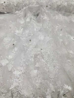 Hand-Embroidered Satin Flower and 3D Lace  Rhinestones Bridal FabricSold by Yard