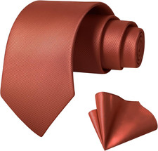 Mens Burnt Orange Tie for Men Classic Silk Necktie Solid Tie and Pock...