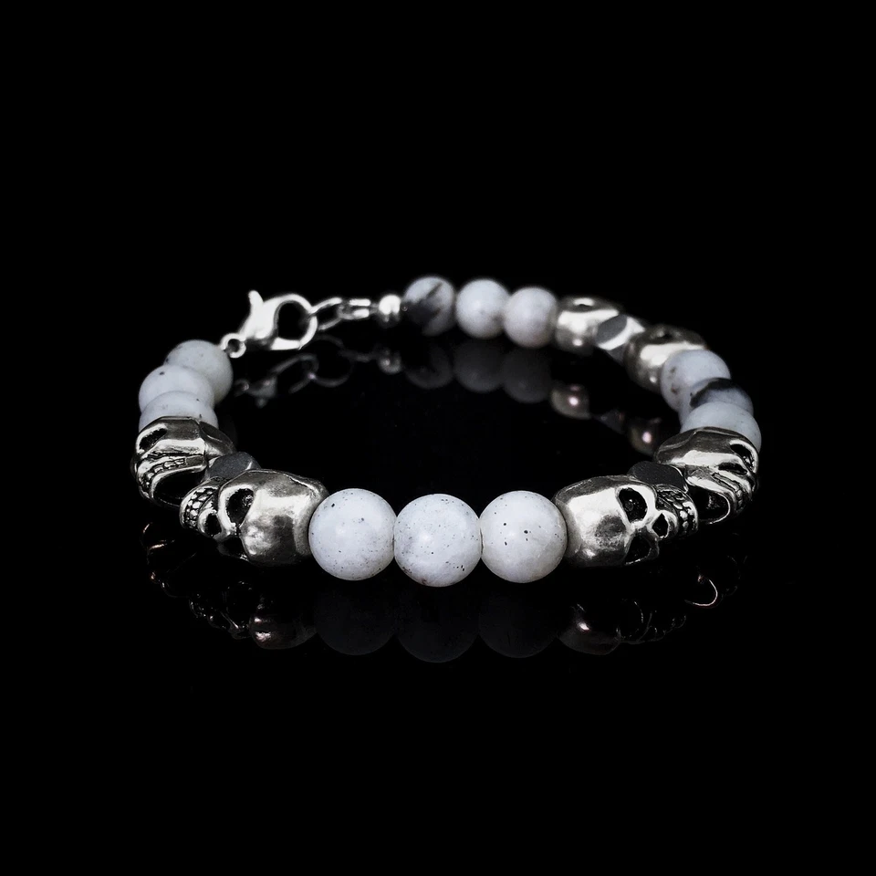 💀 Pulsera de plata con cuentas de labradorita y hematita calavera hecha a mano joyería para hombre Foto 2 de 4