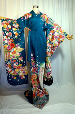 Japanese kimono SILK"FURISODE"Plants,Silver thread woven,Blue Green ,L5'7"..4667
