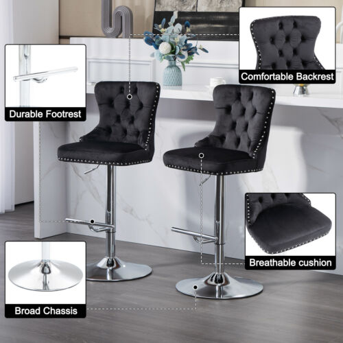 Set of 2 Bar Chairs Modern Pub Stools Height Velvet Upholstered Swivel Barstools - Picture 6 of 15