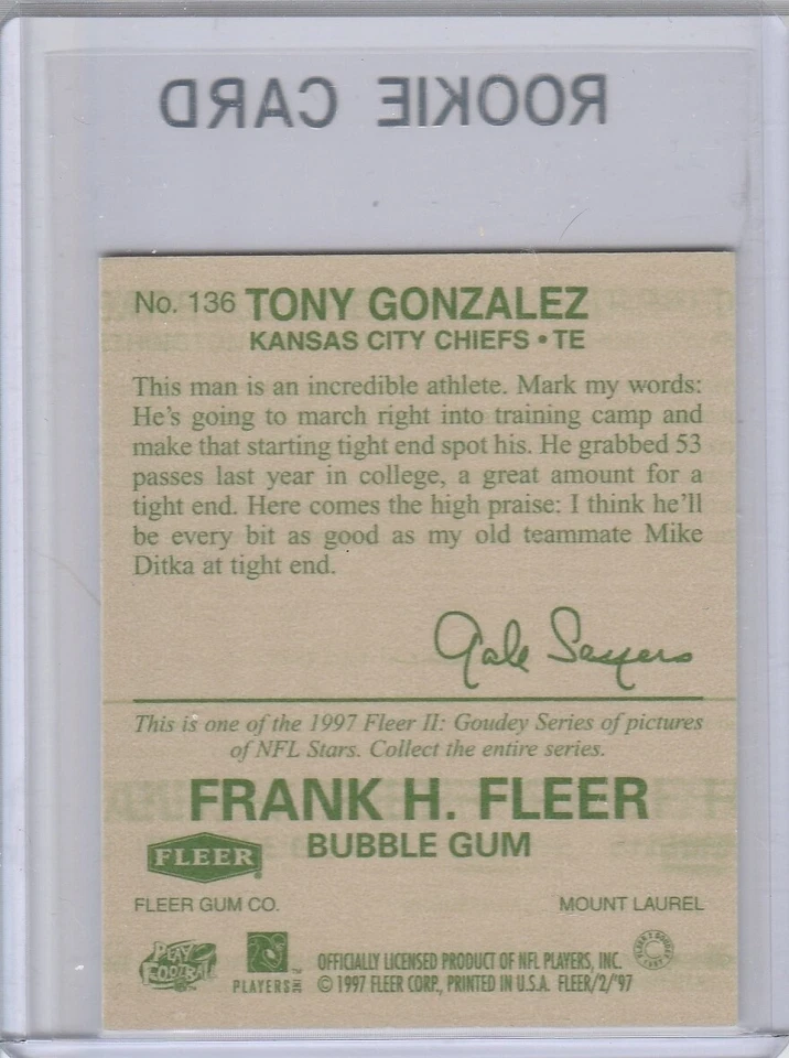 TARJETA DE NOVATO TONY GONZALEZ 1997 Fleer Mini Retro Fútbol RC Falcons KC CHIEFS! Foto 2 de 2