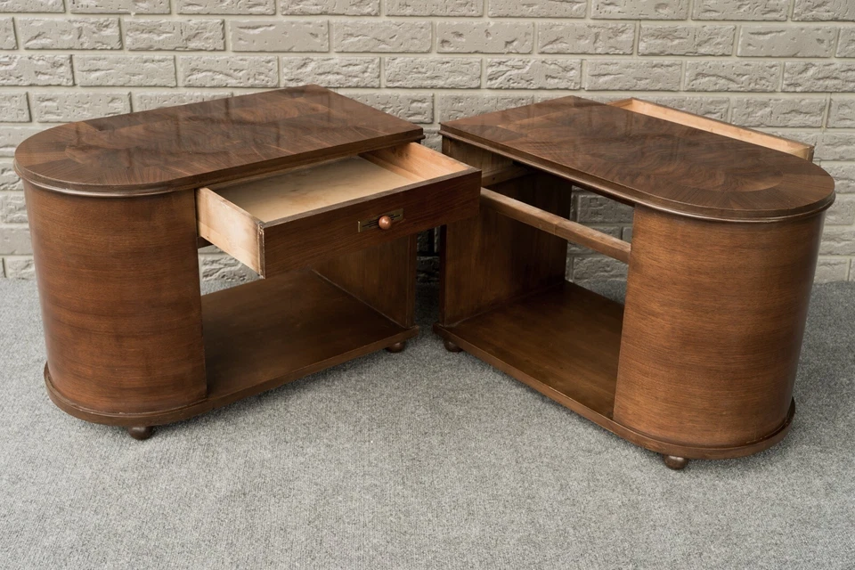 Par de mesa de apoio noturna Art Deco barril cachoeira burl madeira nogueira  - Imagem 4 de 4