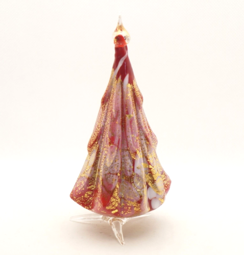 New Murano Red Christmas Tree Figurine with Snow & Gold Murano Island Art Glass - Picture 1 of 4