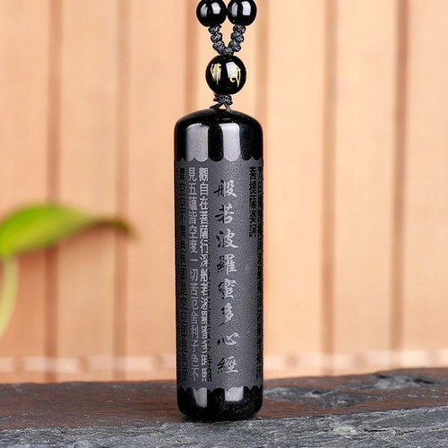 Natural Black Obsidian Buddhism Heart Sutra Pendant Necklace Amulet Gift Jewelry - Picture 7 of 8