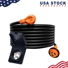 30 Amp 25/50 ft RV Extension Cord with Polarity LED Light & 30A Power Inlet