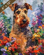 Airedale Terrier painting in a blooming garden 8x10 Print