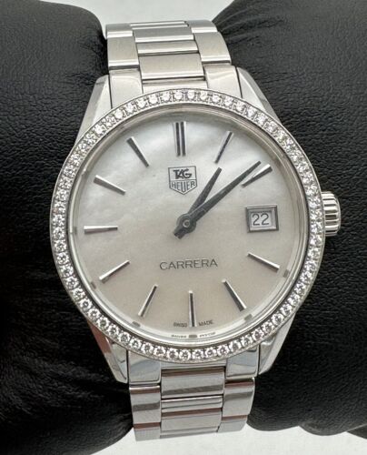 Tag Heuer Ladies WAR1315-0 Diamond Bezel Carrera w date Pearl face 32mm - Picture 1 of 11