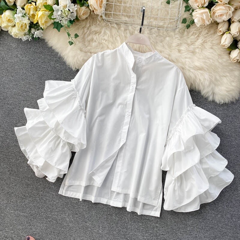 Lady Layered Ruffles Shirts Blouse Tops Tiered Flare Sleeve Lolita Retro Summer