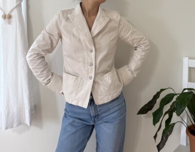 Agnes B Paris 100% Cotton Denim Button Up Cream Short Blazer Jacket Size 38