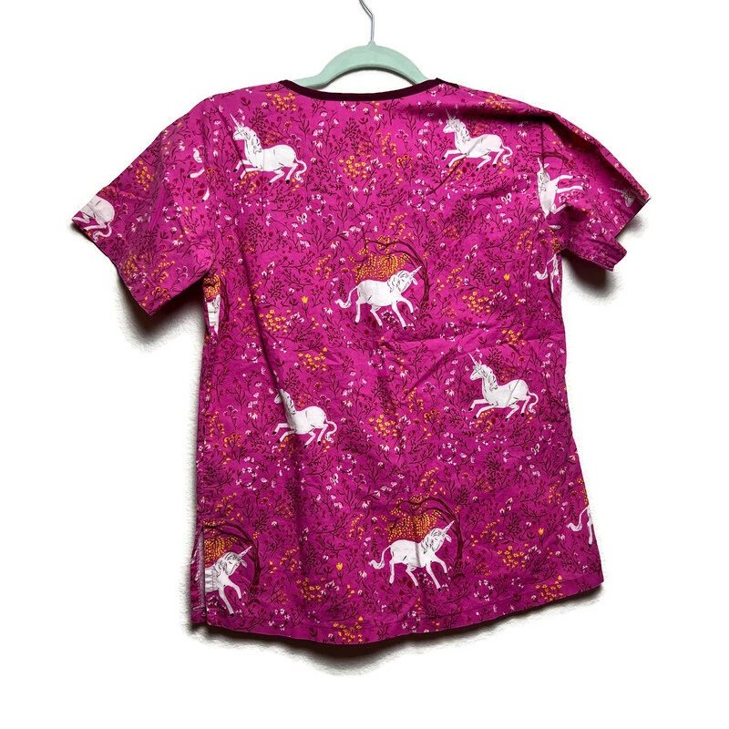 Blusa Médica Hecha a Mano Enfermera Rosa Unicornio Floral Talla XS Cuello en V Kimono Médico  Foto 2 de 4