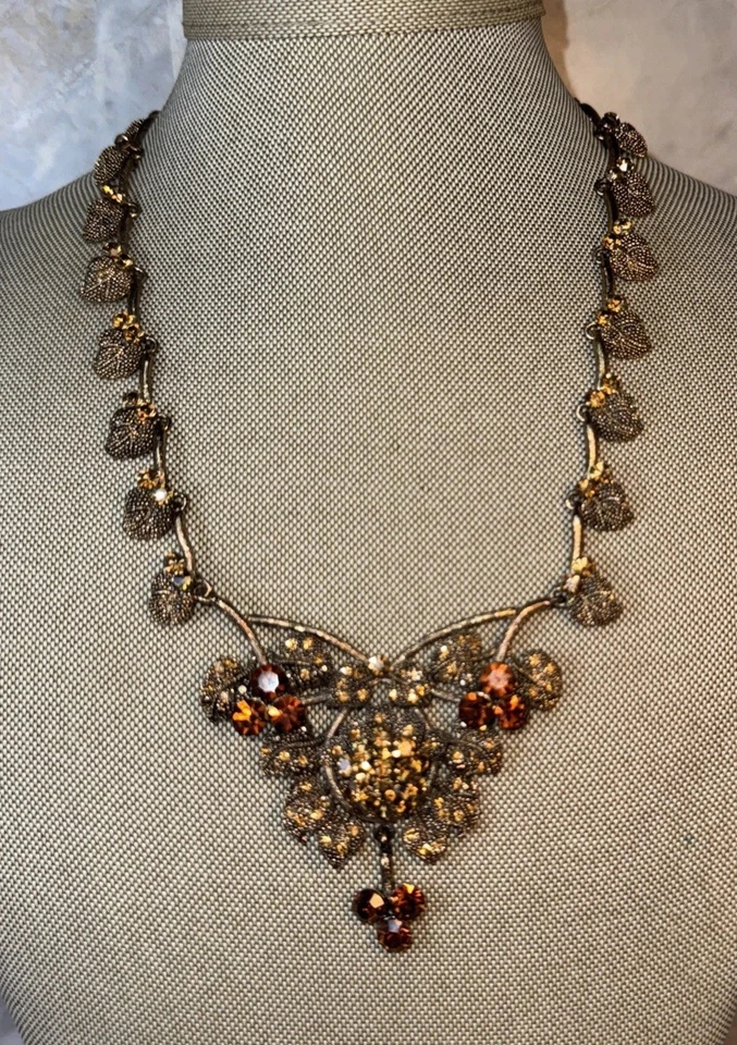 Copper Tone Amber Brown Leaves Rhinestones Statement Necklace 18” - Image 4 of 4