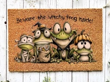 Witchie Frog Family Halloween Doormat, Spooky Front Door Decor, Natural Coir Mat