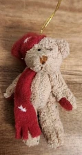 Vtg Pacific Craft Miniature Ornament Jointed Teddy Bear 3½" Plush Red Scarf, Hat