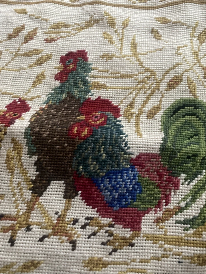 vintage needlepoint pillow cover Chair Pad Roosters French Country Tassels Squat - Image 2 of 4