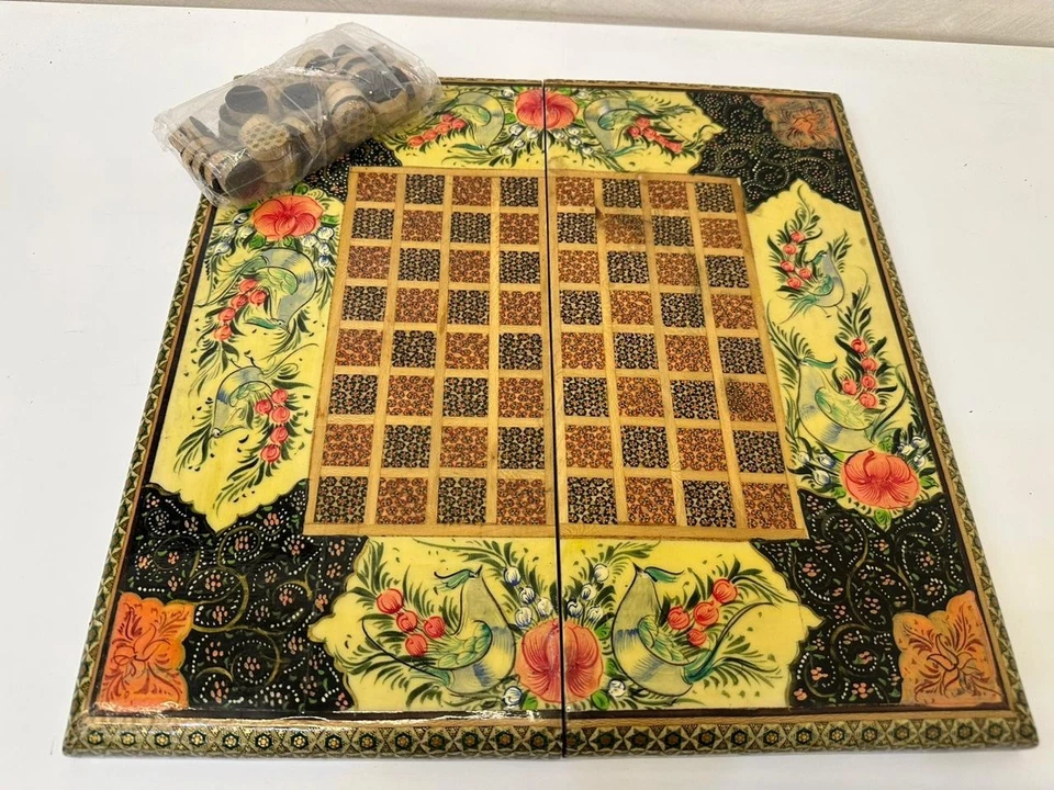 Juego de backgammon y ajedrez persa vintage - madera con incrustaciones y arte pintado a mano marquetería Foto 4 de 4