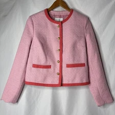 Sam Edelman S Ramona Scalloped Cuff Cropped Jacket Blazer Pink Tweed Coral Trim