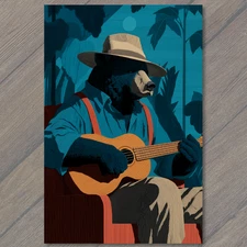 Art Print Bear Guitarist Straw Hat Blue Shirt Red Suspenders Armchair Jungle