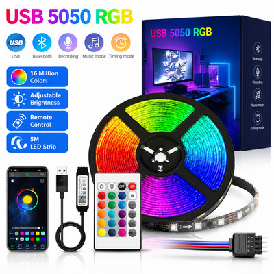USB 5050 RGB LED Strip Lights 5M Bluetooth Music Sync Remote TV PC Backlight