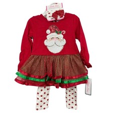Holiday Outfit 24 M Girls Christmas 3 pc Tulle Top Santa Claus Leggings Hair bow