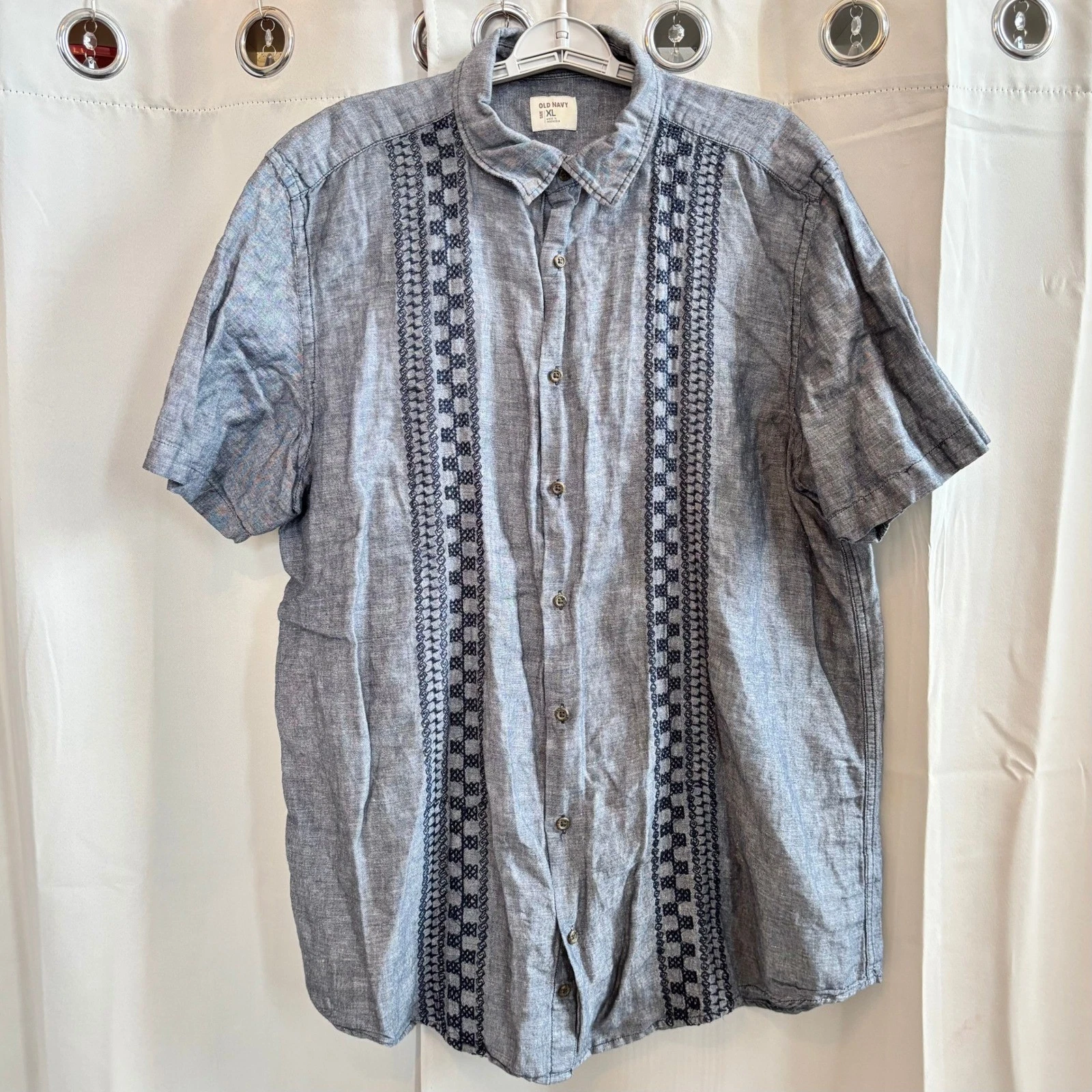Old Navy Mens Shirt Blue Linen Blend Embroidered XL Button Up Geometric 19821