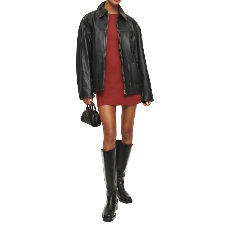 Chaqueta de cuero negra años 90 para mujer, envejecida estilo vintage moda de gran tamaño Foto 4 de 4