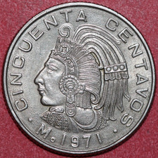 Mexico 1971 50 centavos, Aztec King Cuauhtemoc of Tenochtitlan-Foreign Coin 25mm