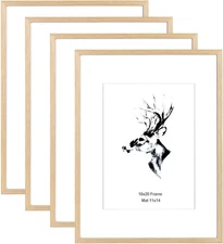 16x20 Picture Frame Matted to 11x14 Set of 4, Natural Solid Oak Wood 16x20 Fr...
