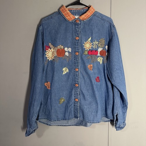 Vintage Dressbarn Fall Embroidered Appliqué Pumpkin Button Down Denim Size XL